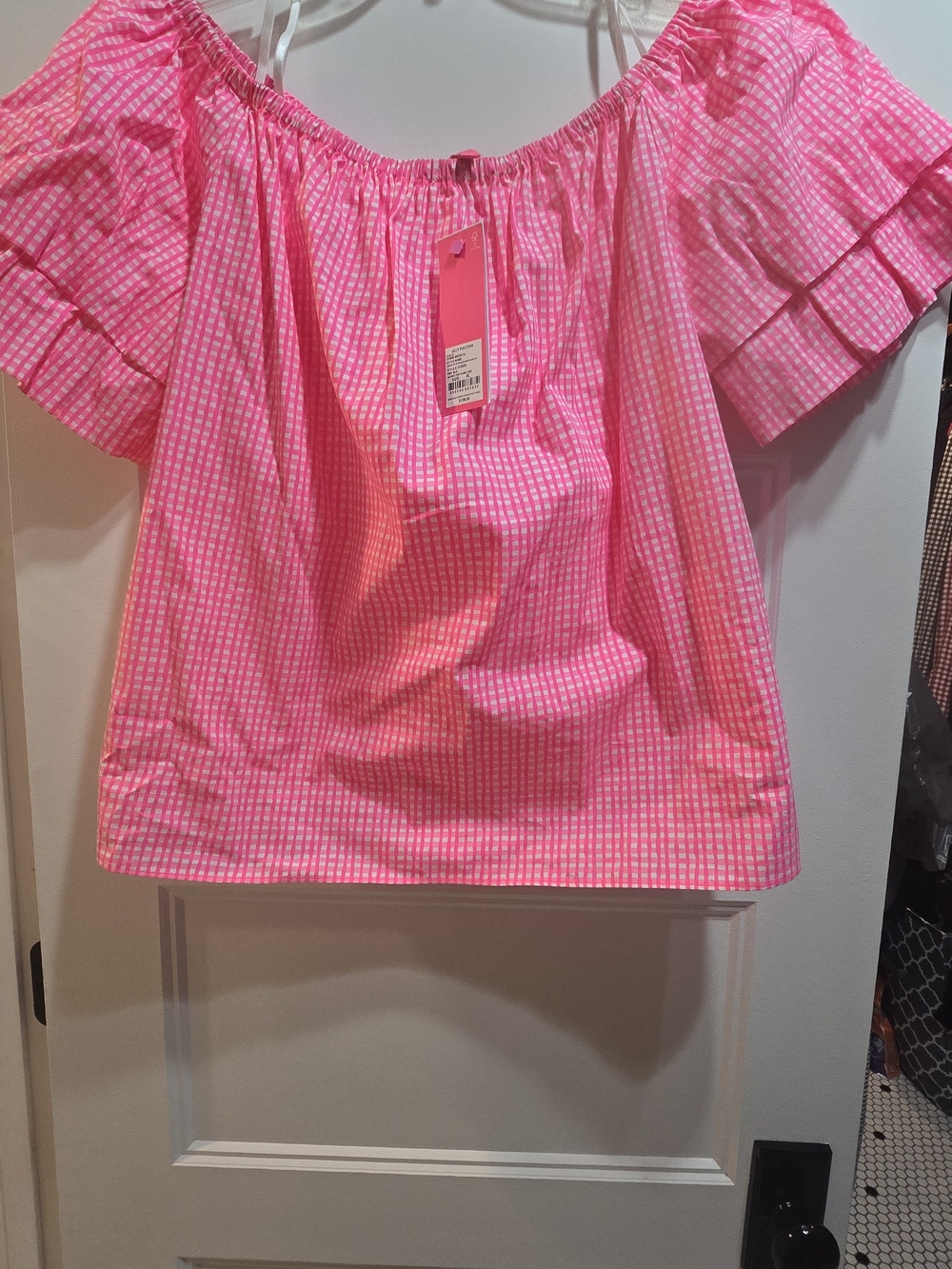 Lilly Pulitzer Womens Pink Gingham Off-Shoulder Top Size XL